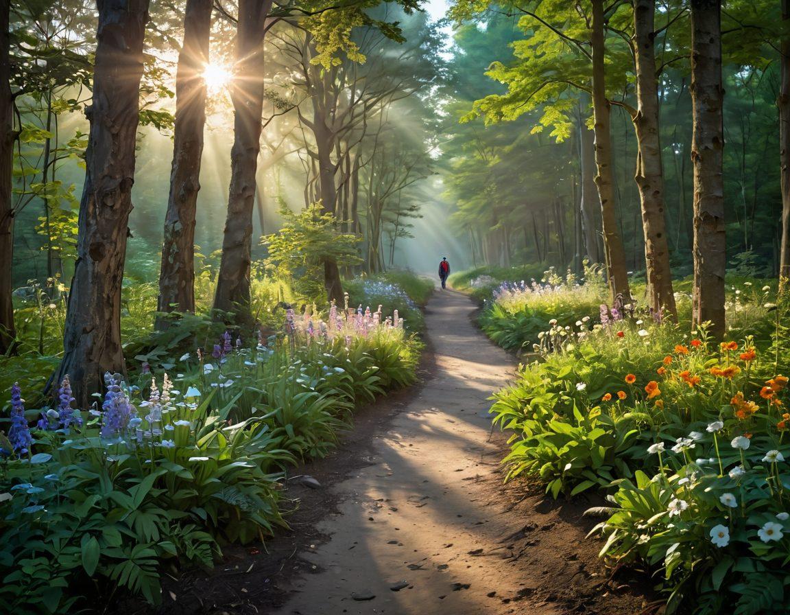 A serene pathway through a lush, sunlit forest symbolizing hope and healing, with gentle light filtering through the trees. Along the path, there are vibrant flowers representing resilience and strength, alongside supportive figures walking together, embodying companionship during the cancer journey. In the background, a soft gradient sky transitioning from dawn to daylight, signifying the journey from diagnosis to wellness. ethereal realism. vibrant colors. soft focus.