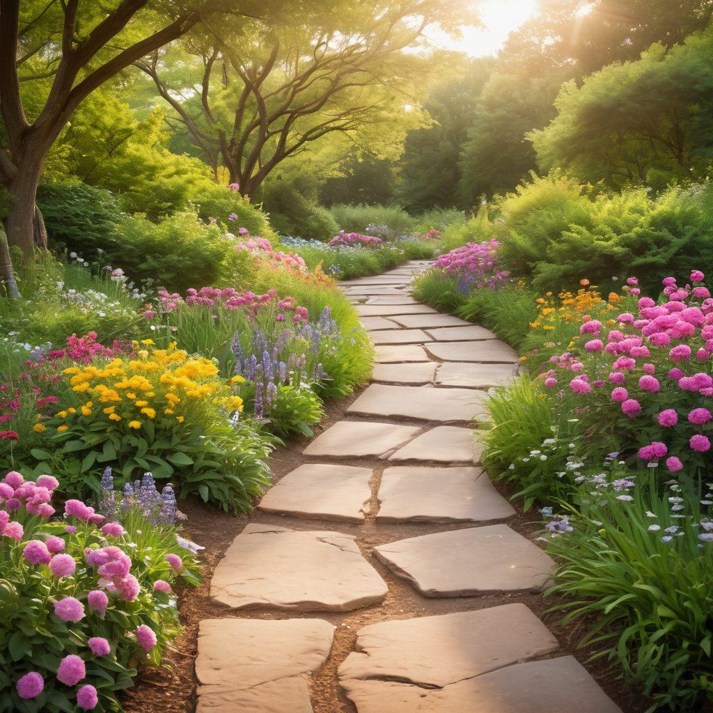 A serene landscape with a winding path symbolizing the journey of cancer survivorship, surrounded by lush greenery, flowers representing hope, and informational signs about tumors and treatments along the path. Include warm sunlight breaking through clouds, and patients interacting supportively in the background. uplifting and inspiring. vibrant colors. soft focus.