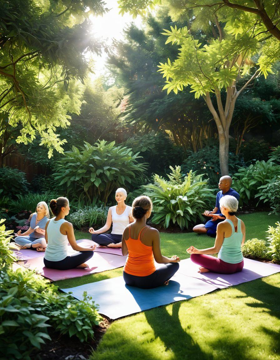 A serene scene depicting a diverse group of cancer survivors engaged in various therapeutic activities, like yoga and painting, in a bright, lush garden. Soft sunlight filters through the leaves, symbolizing hope and rejuvenation, with supportive friends and family members around them. Elements of holistic health, like herbal tea and essential oils, are present, creating an atmosphere of empowerment and wellness. super-realistic. vibrant colors. warm tones.